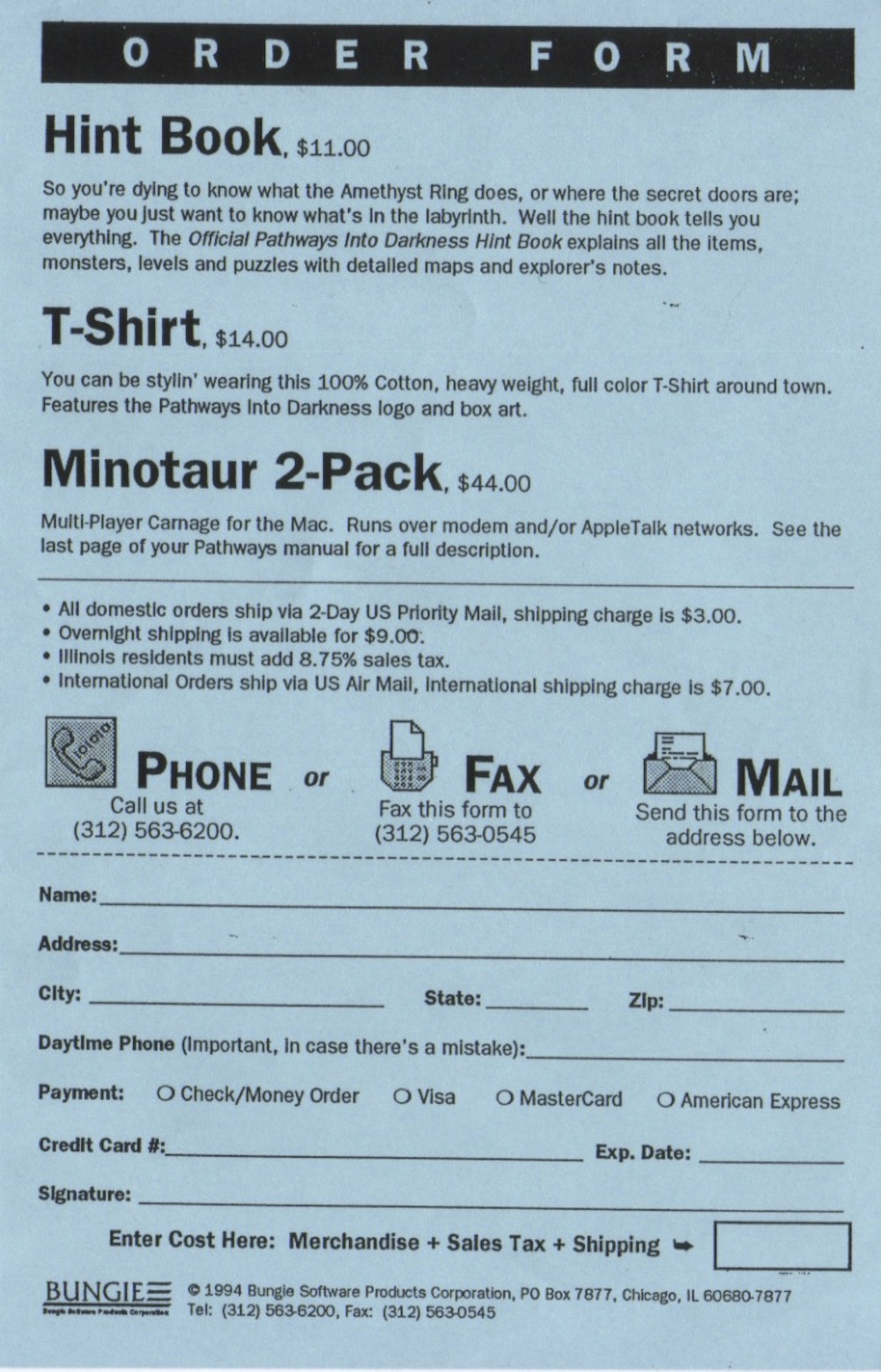 Bungie Order Form from early 1994